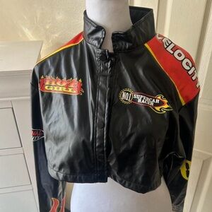 SHEIN Black Leather Jacket with Red and Yellow Accents